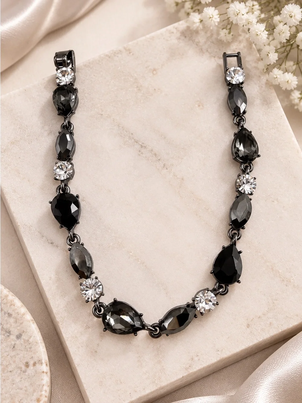 Givenchy Gunmetal Crystal Link Bracelet Black Gray Faceted Stones